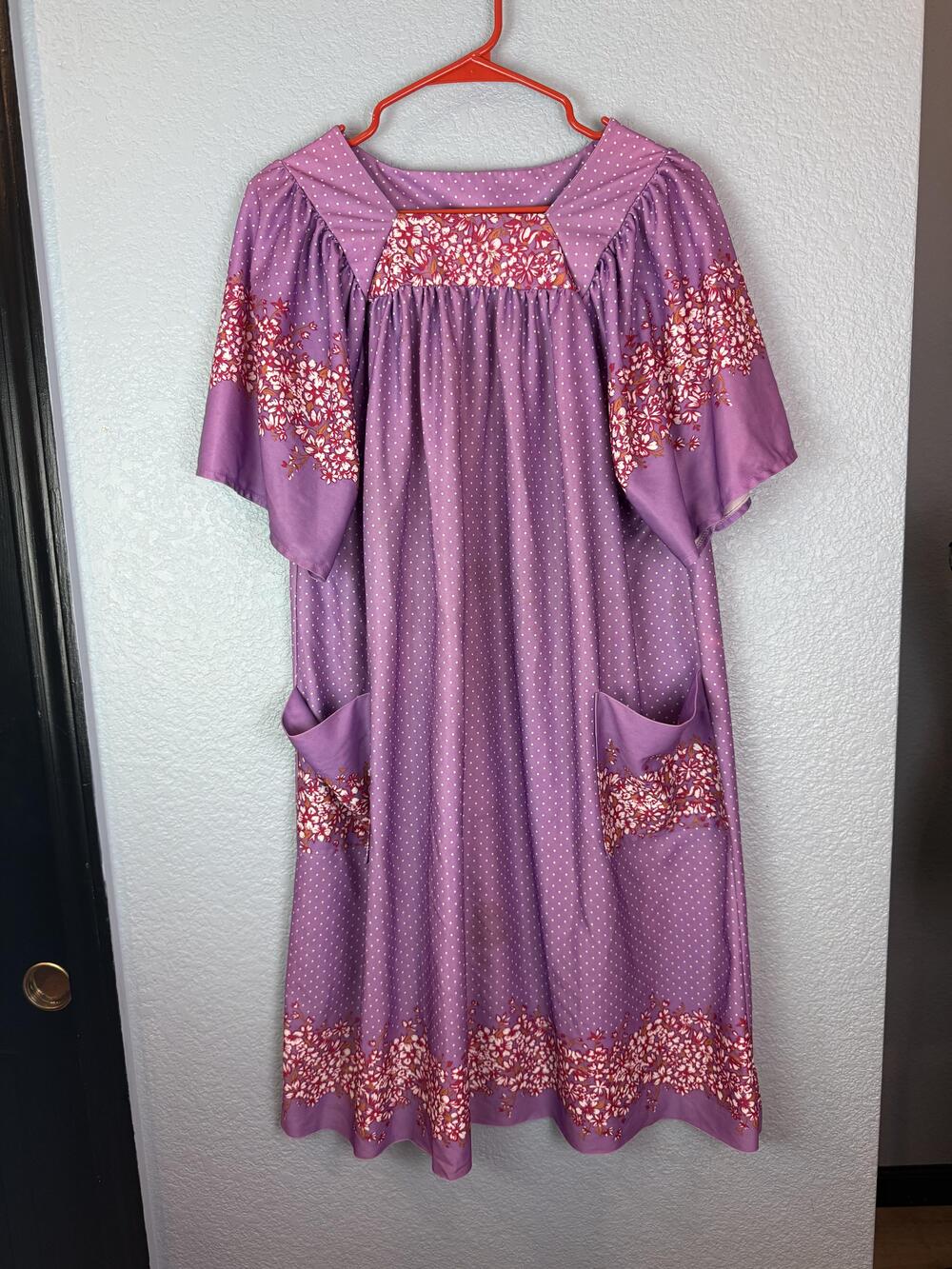 Vintage House Dress Womens Large Floral Polka Dot Pockets Short Sleeve 70s